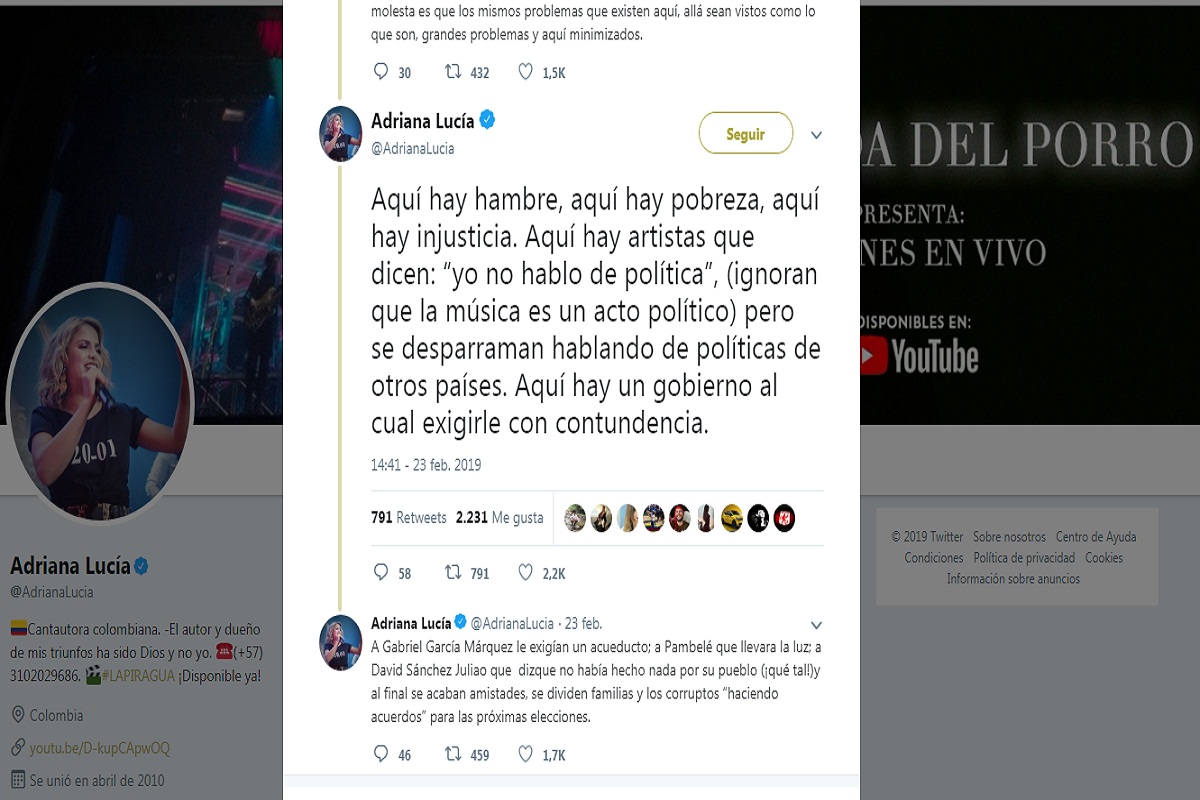 Adriana Lucía, cantante colombiana que cuestionó la hipocresía en concierto de Cúcuta (fotograma Twitter)
