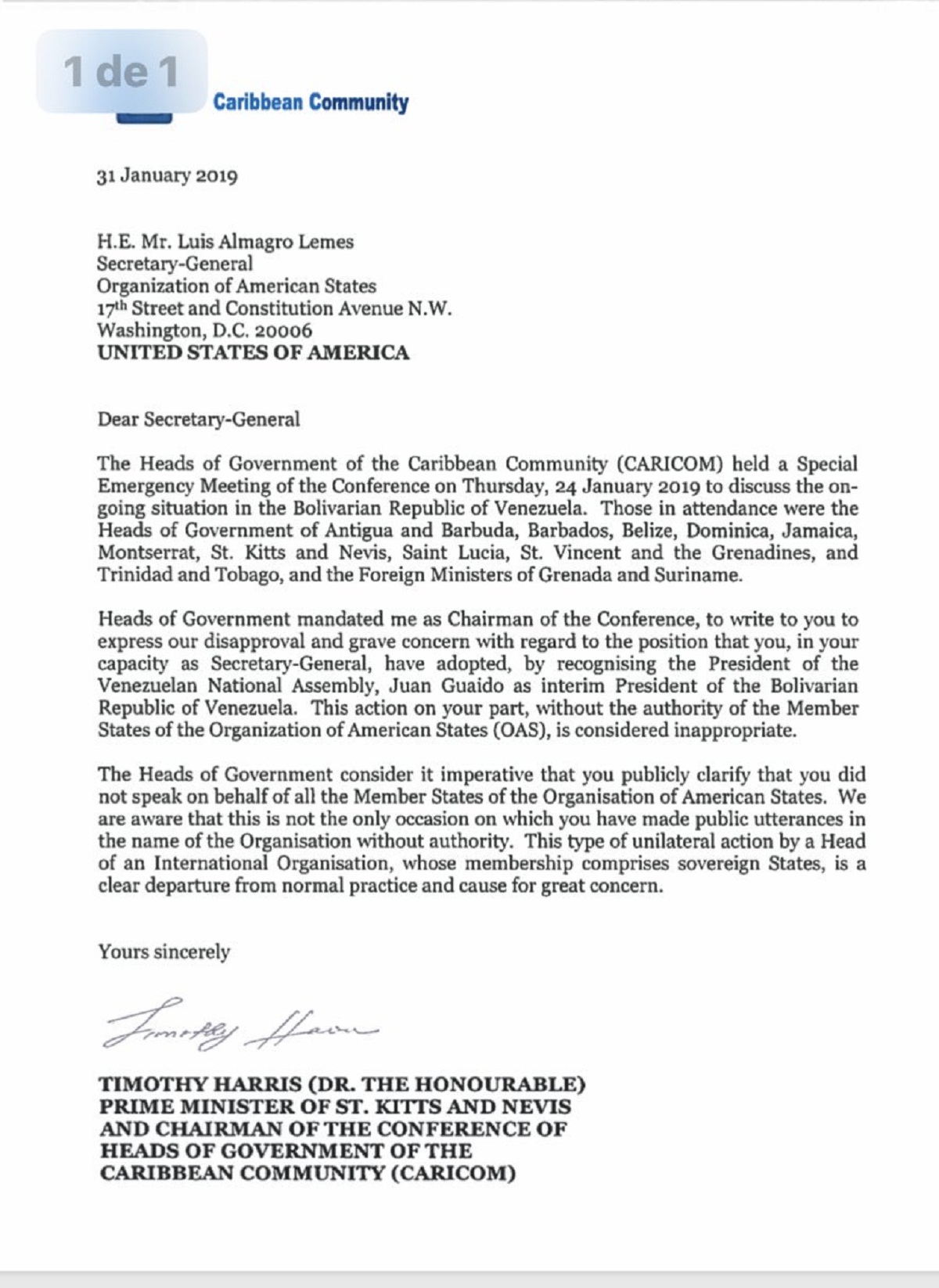 Carta de CARICOM dirigida a Luis Almagro
