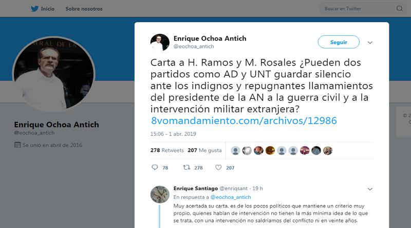 dirigente de oposición, Enrique Ochoa Antich, exigió a los líderes de los partidos Acción Democrática (AD), Henry Ramos Allup, y de Un Nuevo Tiempo (UNT), Manuel Rosales, a no guardar silencio ante llamamientos de guerra civil del autoproclamado Juan Guaidó (Foto Enrique Ochoa Antich)