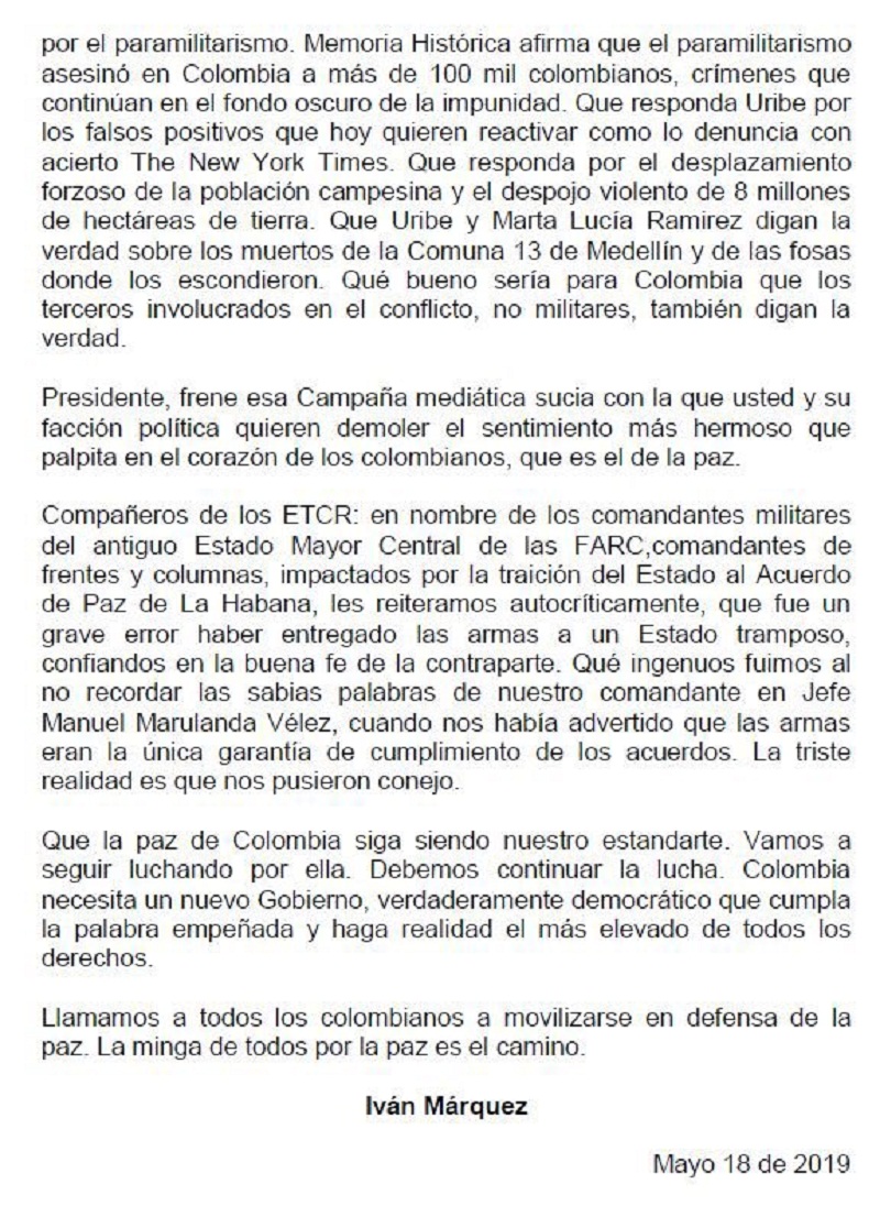 Exguerrillero FARC Iván Márquez: "Fue un error haber entregado las armas a un Estado tramposo"