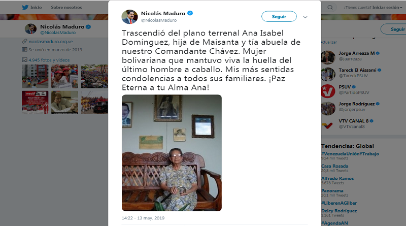 Presidente Maduro extiende condolencias por partida física de hija de Maisanta (Foto @NicolasMaduro)
