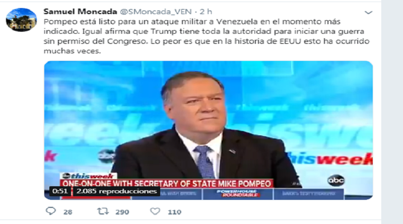 Mike Pompeo, el vocero del Gobierno de Donald Trump que busca iniciar guerra colonial contra Venezuela similar a la que EEUU usó para saquear a Irak (Fotograma @Samuel Moncada)