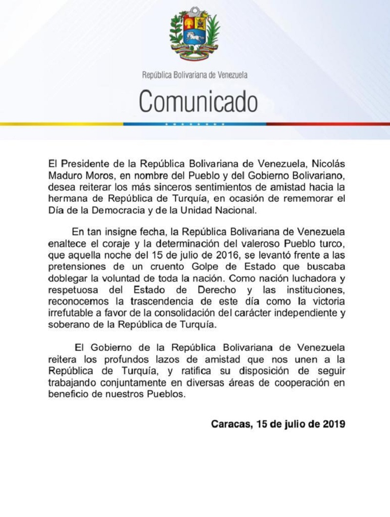 Venezuela saluda Día de la Democracia y de la Unidad Nacional de Turquía (Foto MPPRE)
