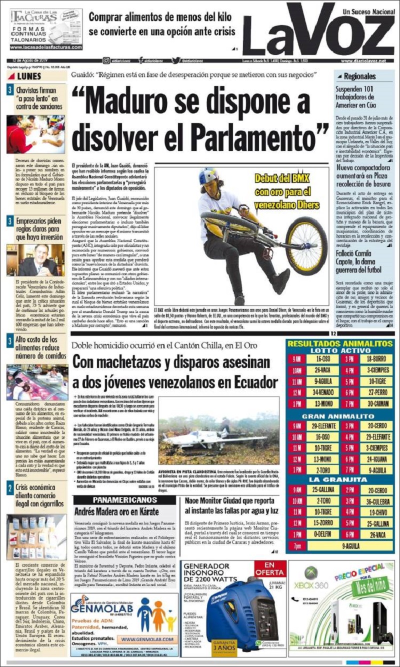 Estas son las portadas de los medios impresos venezolanos este 12 de agosto