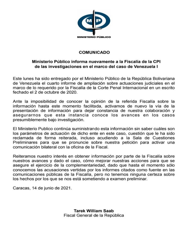 MP entrega a la Fiscalía de la CPI cuarto informe Ampliación al presentado el 30 de Noviembre de 2020 sobre el caso Venezuela 1 (+Comunicado)