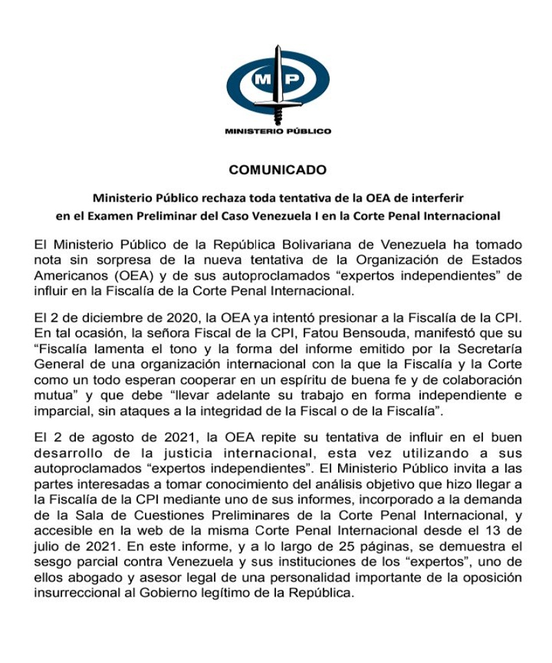 MP rechaza toda tentativa de la OEA de interferir en Examen Preliminar del Caso Venezuela I que desarrolla la CPI (+Comunicado)